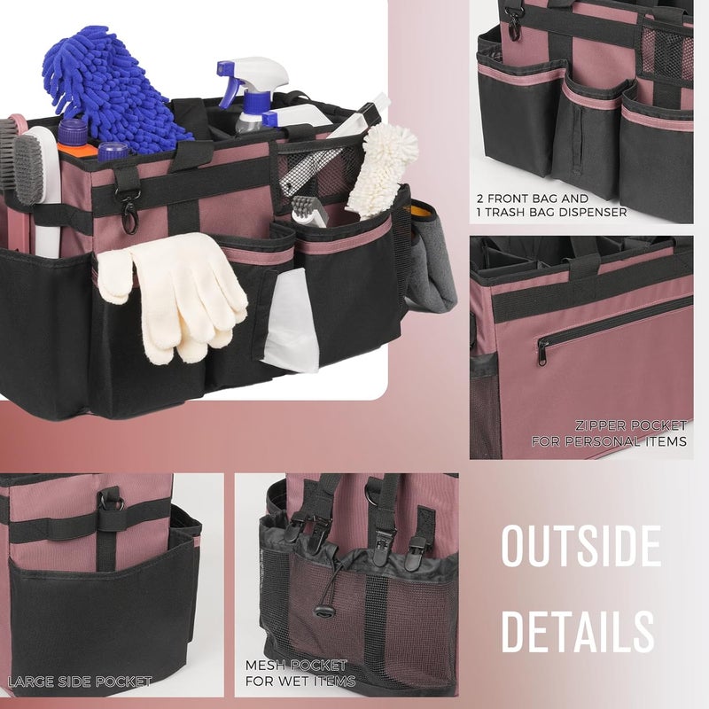 SCAVATA Wearable Cleaning Caddy, Cleaning Caddy Supplies Organizer with Handle & Shoulder Straps for Housekeepers, Under Sink & Car Cleaning Tool Organizers Bag with 4 Foldable Divider (LotusPink) - Image 3